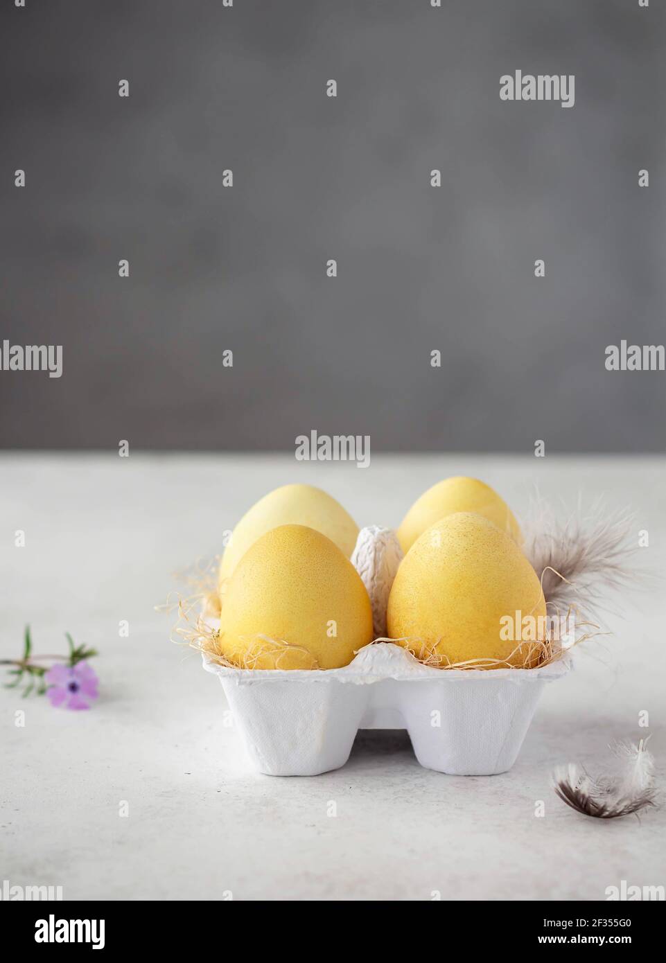 uova di pasqua gialle tinte con colorante naturale - spezie curcuma. Buona Pasqua. Preparazione per la vacanza. Immagine verticale. Sfondo grigio. Spazio di copia Foto Stock