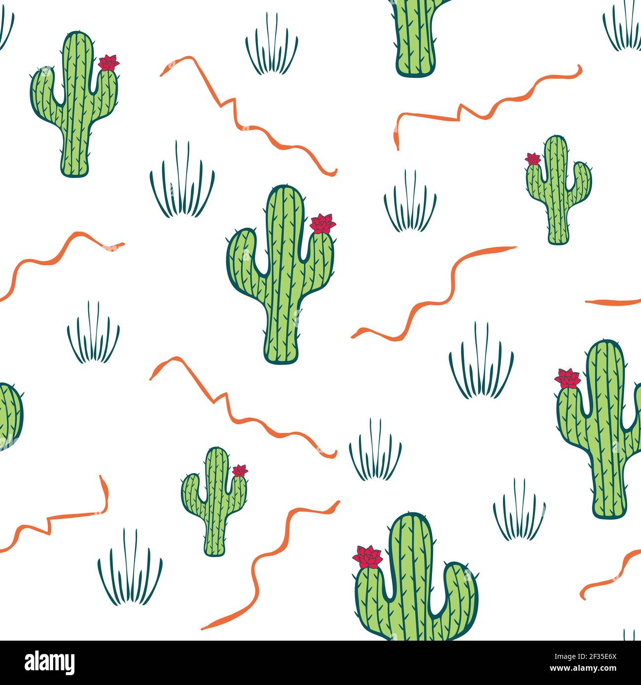 Pattern vettoriale senza giunture con cactus su sfondo bianco. Disegno di carta da parati di piante di deserto. Illustrazione Vettoriale