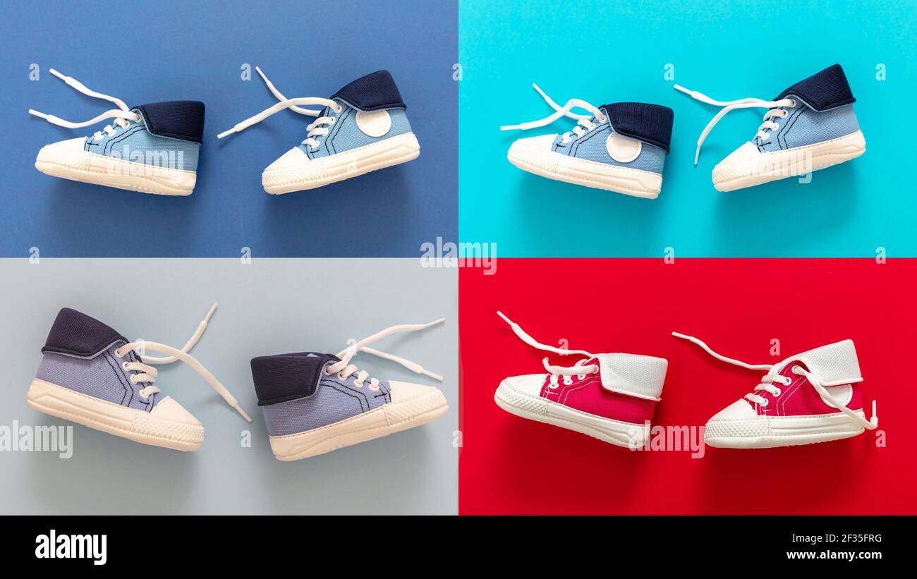 Ragazzo e ragazza bambini piccoli taglia scarpe sportive a piedi collage. I primi passi del bambino. Bambini cute sneakers colore rosa e blu stivaletti in tela Foto stock Alamy