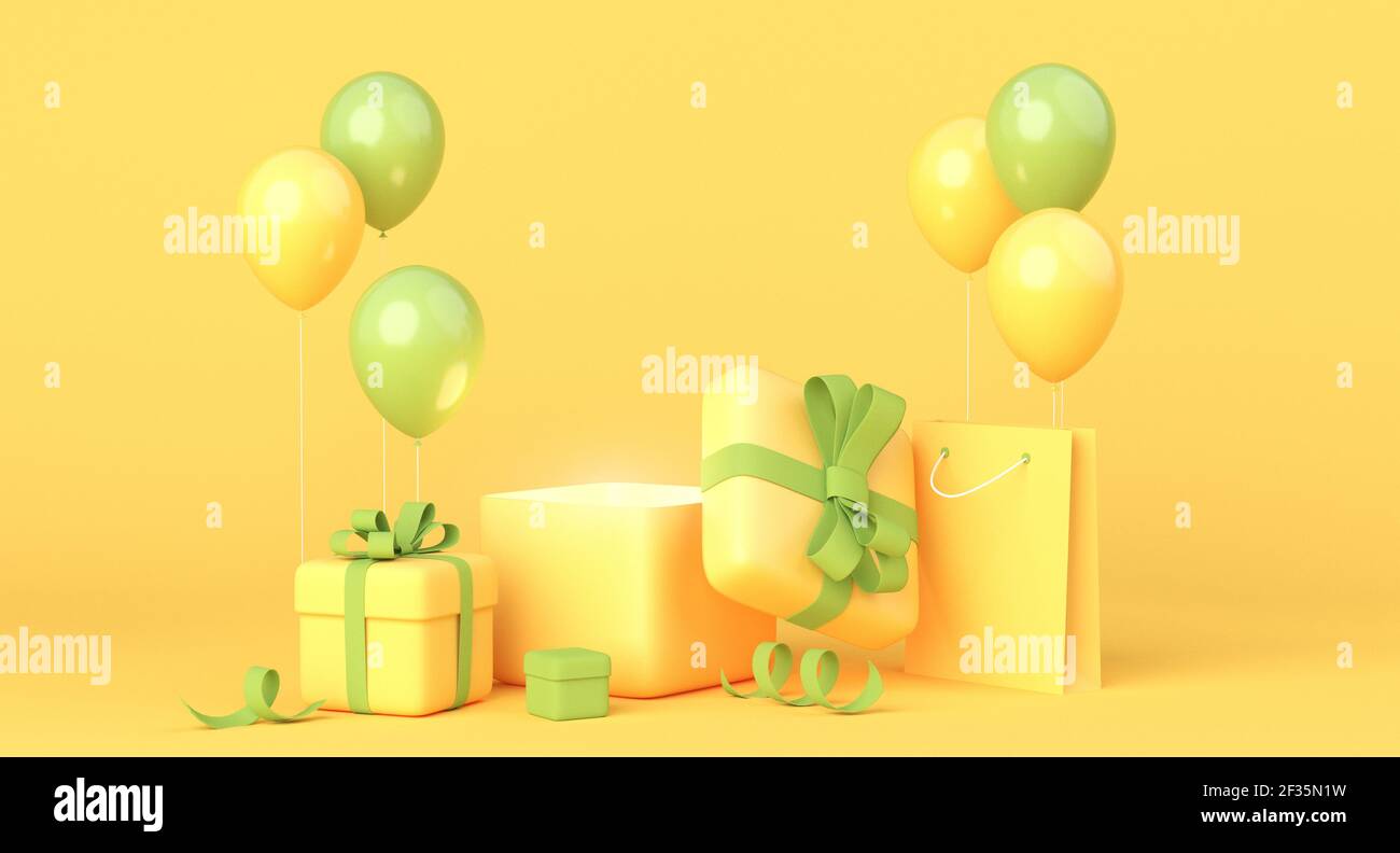 Composizione gialla e verde con scatole regalo, palloncini e borsa per la  spesa. rendering 3d, spazio di copia Foto stock - Alamy