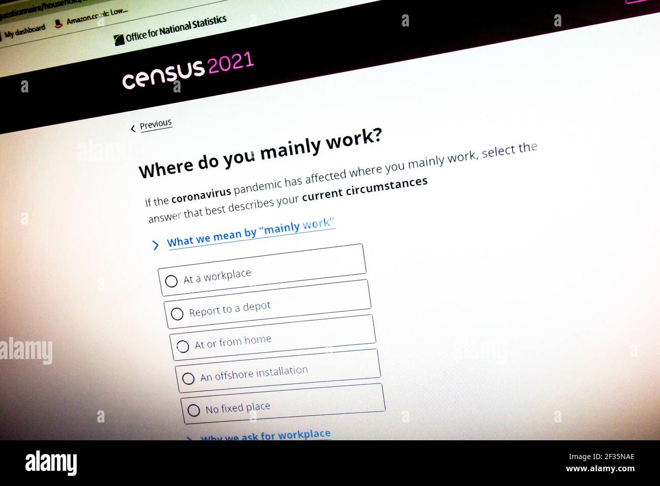 Schermo del computer che mostra le domande sul lavoro del censimento del Regno Unito 2021 organizzato dall'Ufficio per le statistiche nazionali. Foto Stock
