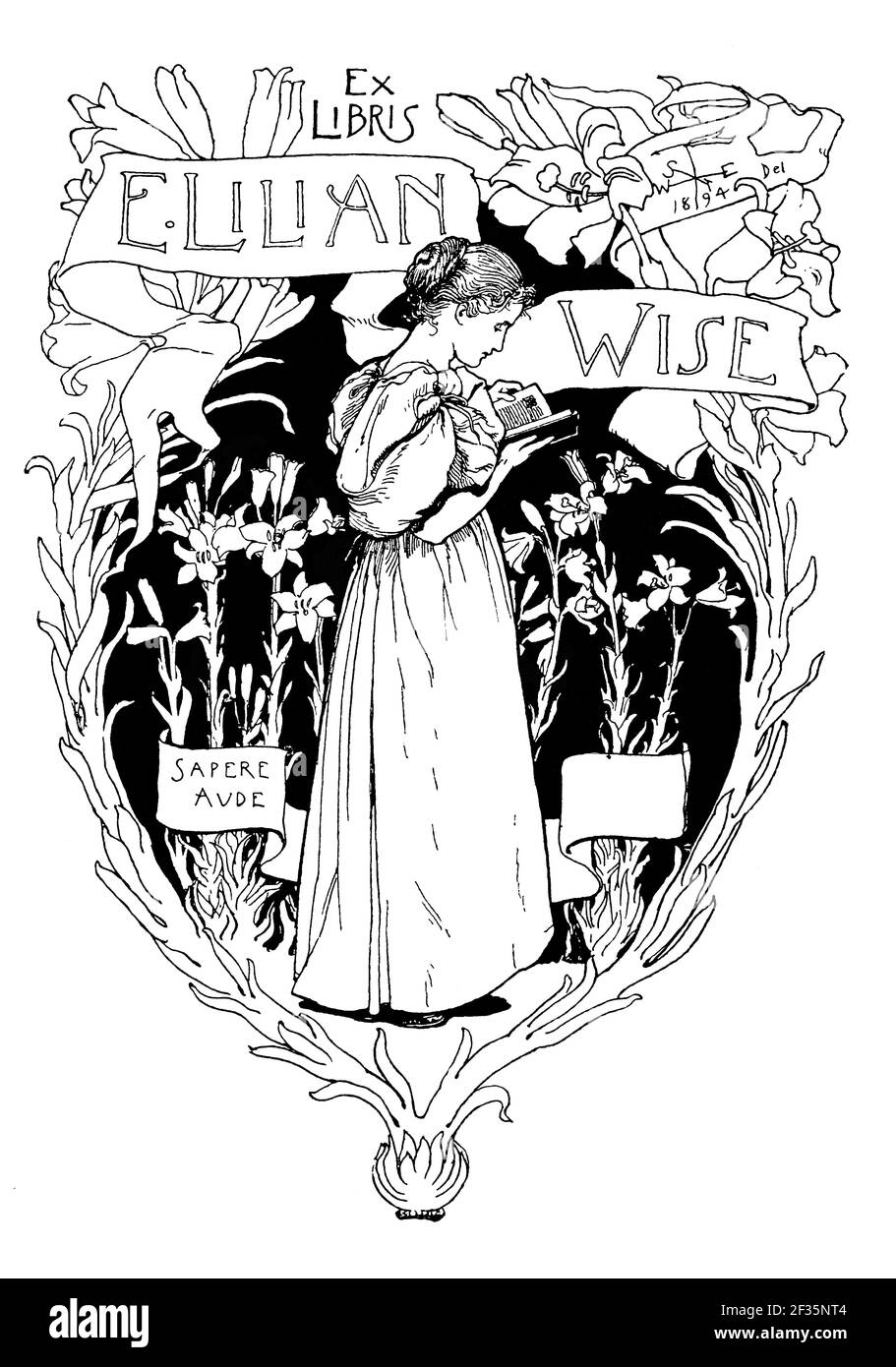 1894 bookplate con motto latino ‘Saere Aude’ osate to know, progettato per e Lillian Wise dall'illustratore britannico Walter J West, nato a scafo Foto Stock