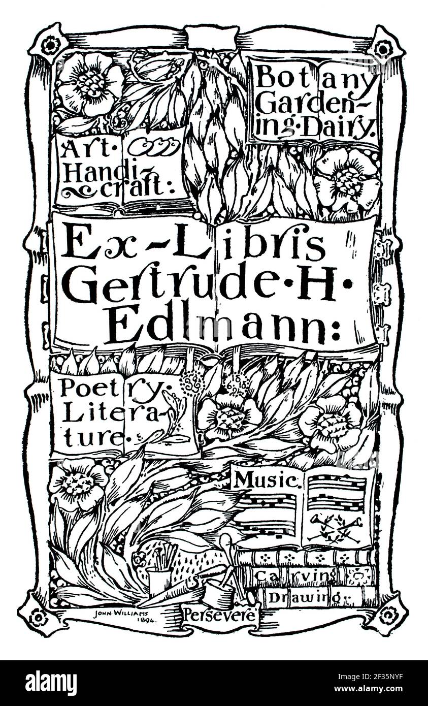 1894 ‘disegno di targa 'persevere' per Gertrude H (Harriet) Edlmann by John Williams Foto Stock