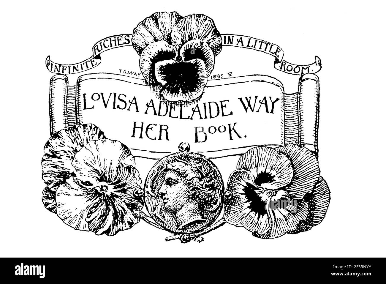 1895 panties e disegno di bookplate per ritratti per la figlia Louisa Adelaide Way del pittore inglese, litografo e stampante Thomas Robert Way Foto Stock