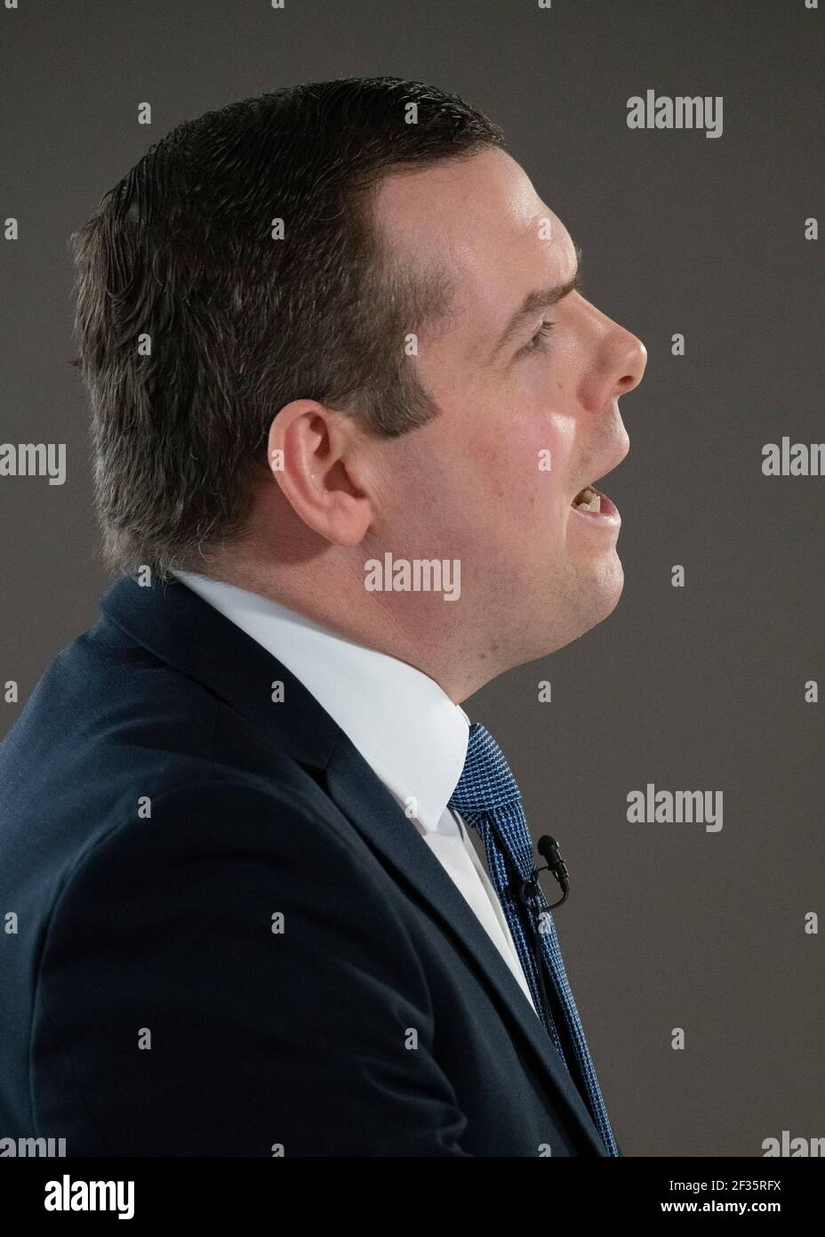 Edimburgo, Scozia, Regno Unito. 15 marzo 2021. Nella foto: Il deputato Douglas Ross, leader del Partito conservatore e unionista scozzese sen, ha tenuto il suo discorso di primo piano alla conferenza nazionale. Credit: Colin Fisher/Alamy Live News Foto Stock