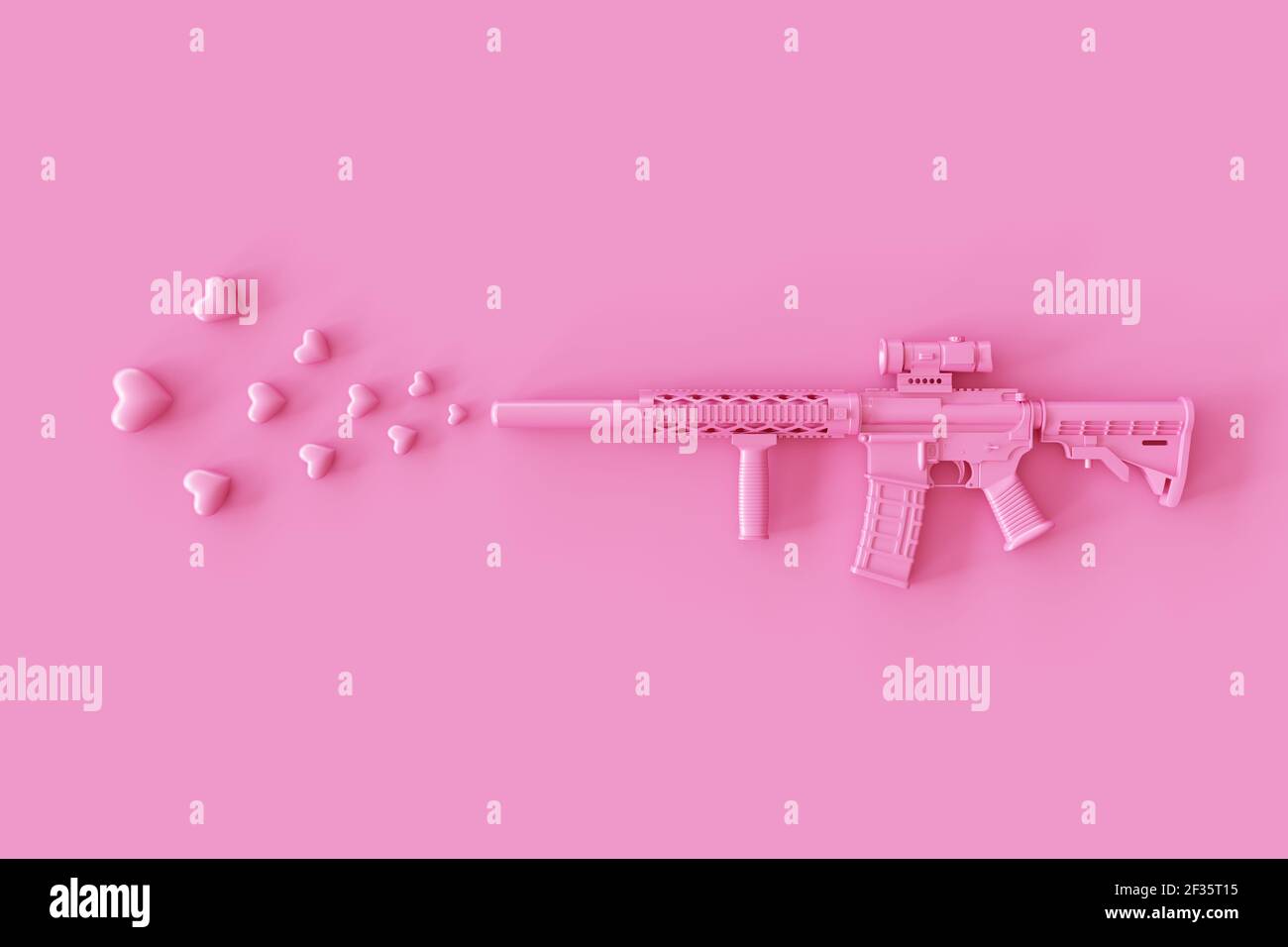 Love layout realizzato con arma Pink fucle Gun sparando un cuore rosa a forma di sfondo rosa. Concetto di San Valentino o romantico. rendering 3d Foto Stock