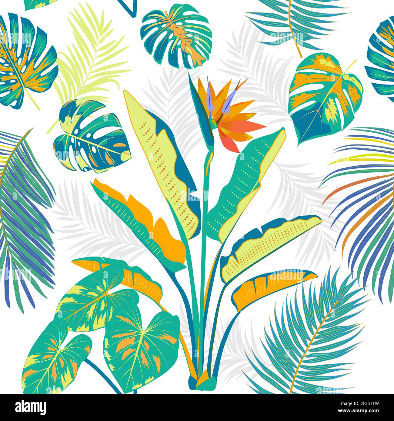 Modello vettoriale tropicale senza giunture con foglie colorate di palme e fiori. Sfondo chiaro botanica, carta da parati giungla. Illustrazione Vettoriale