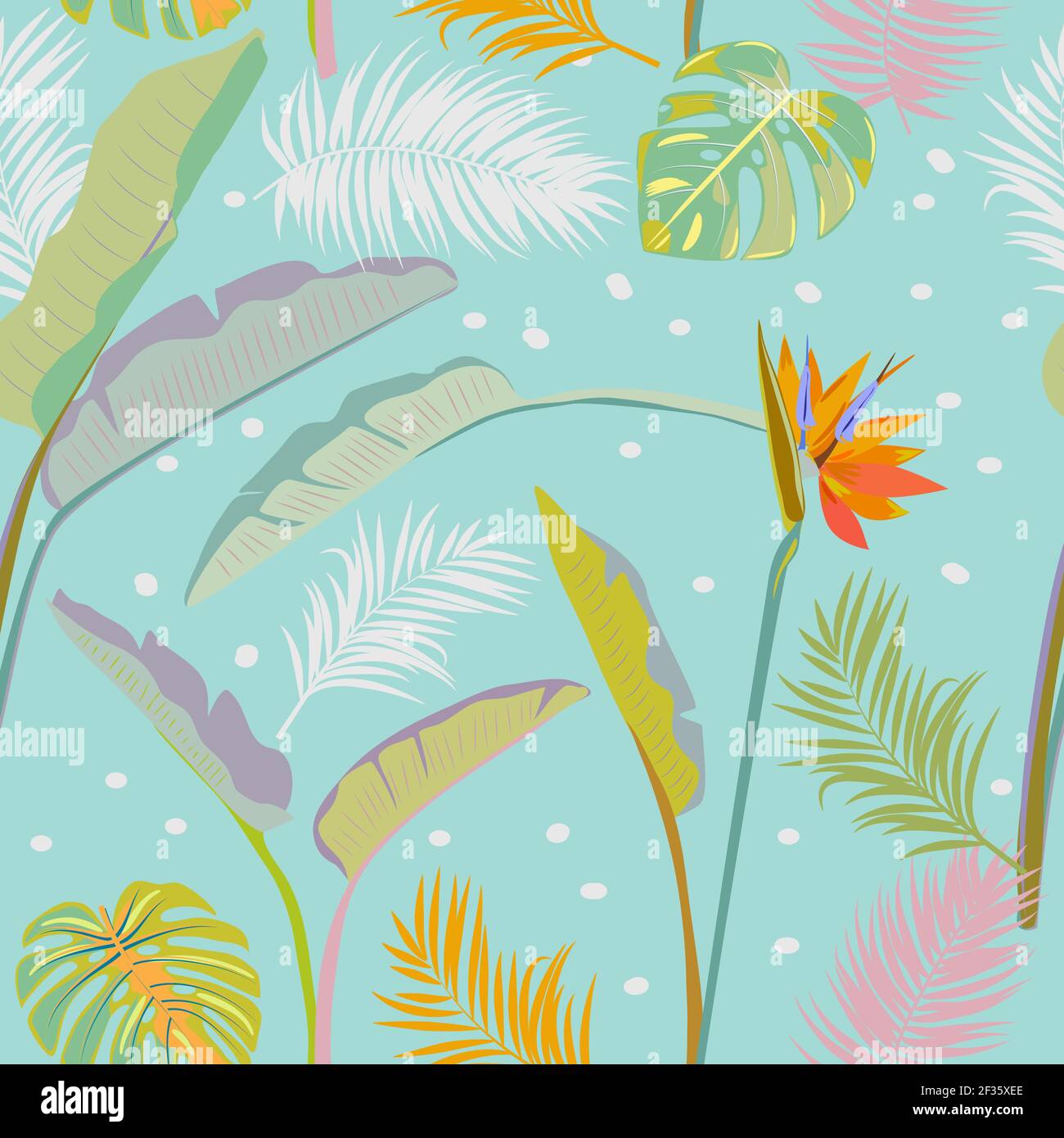 Modello vettoriale tropicale senza giunture con foglie di strelitzia, palme e fiori. Sfondo chiaro botanica, carta da parati giungla. Illustrazione Vettoriale