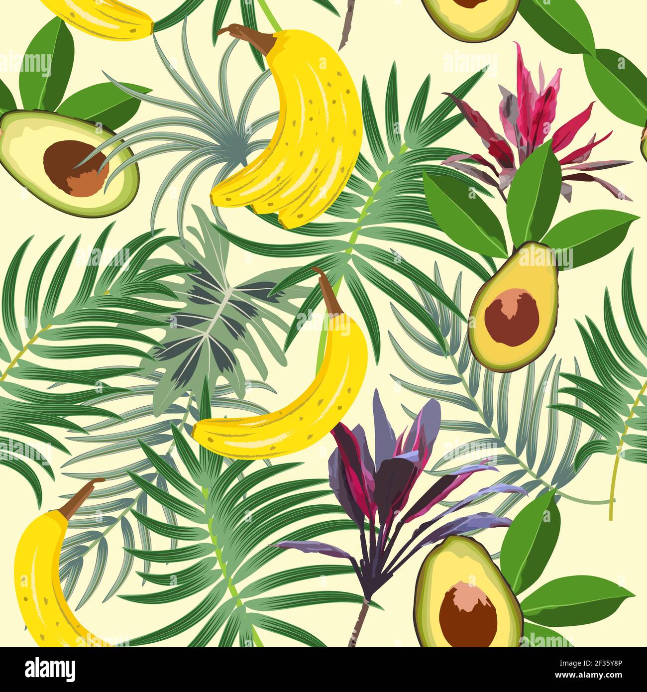 Motivo senza cuciture con foglie tropicali di palme, avocado, banana e fiori. Sfondo vettoriale botanica, carta da parati jungle. Illustrazione Vettoriale