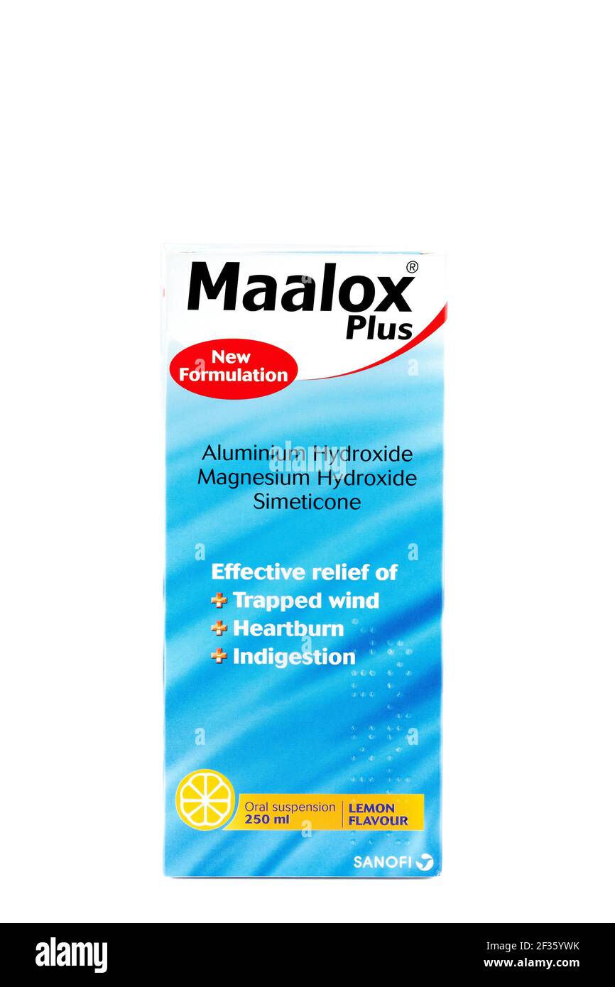 Una scatola da 250 ml di farmaco Maalox Plus. Una sospensione orale per il  sollievo di bruciore di stomaco e indigestione intrappolati. Prescritto per  IBS ITS un acido formante Foto stock - Alamy