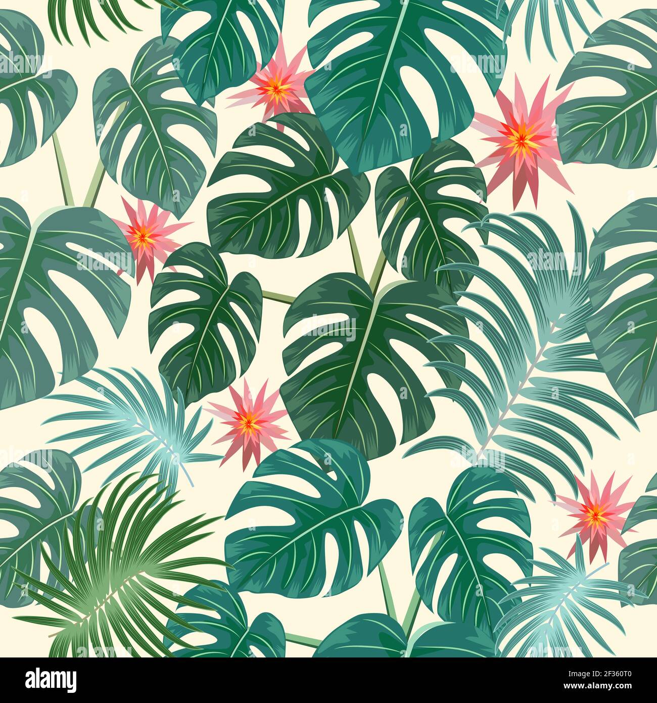 Motivo senza cuciture con foglie tropicali di palme, monstera e fiori. Sfondo vettoriale botanica, carta da parati jungle. Illustrazione Vettoriale