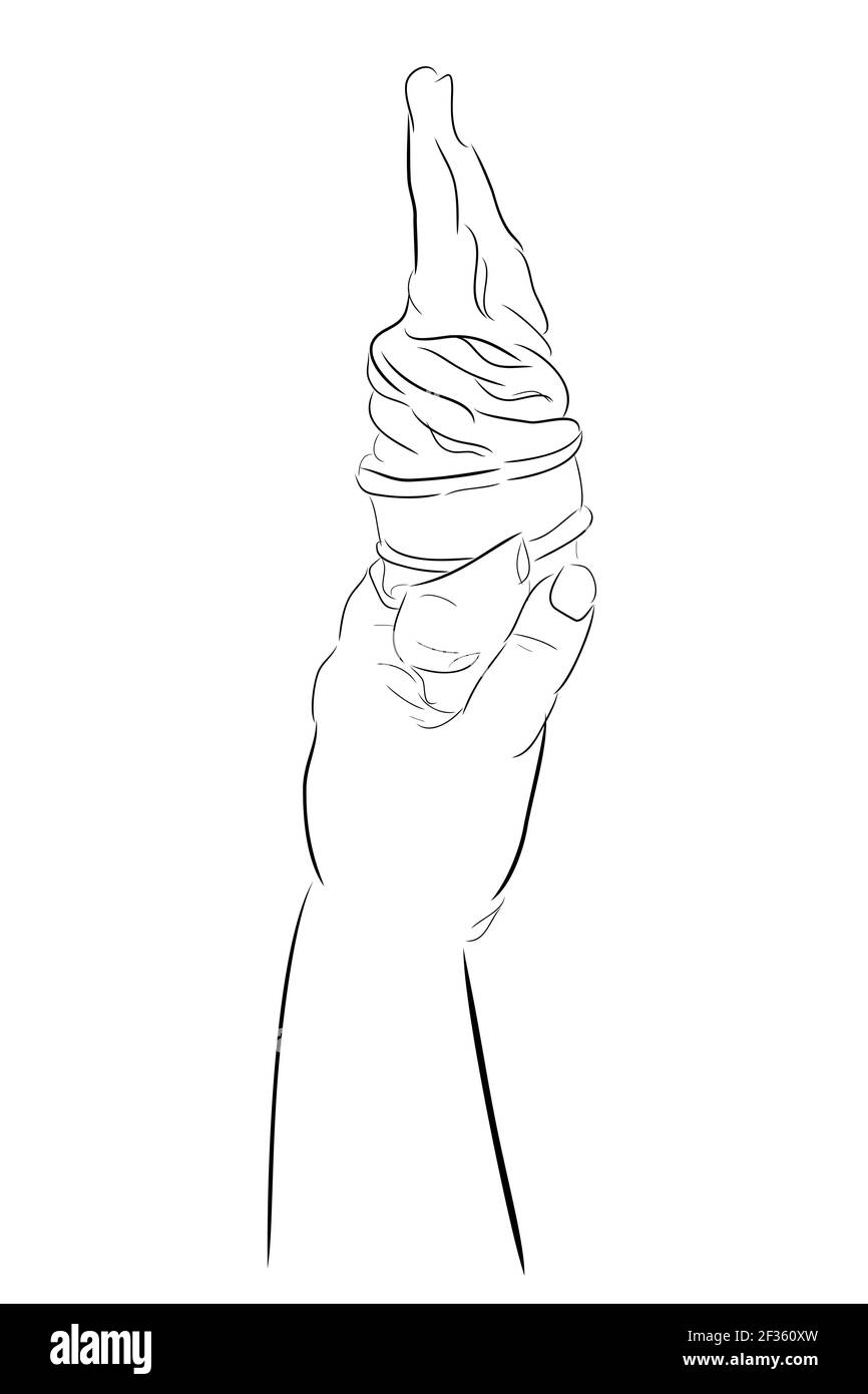 Disegno a mano di colore piatto, Cone gelato al cioccolato con tenuta a mano, isolato su bianco Illustrazione Vettoriale