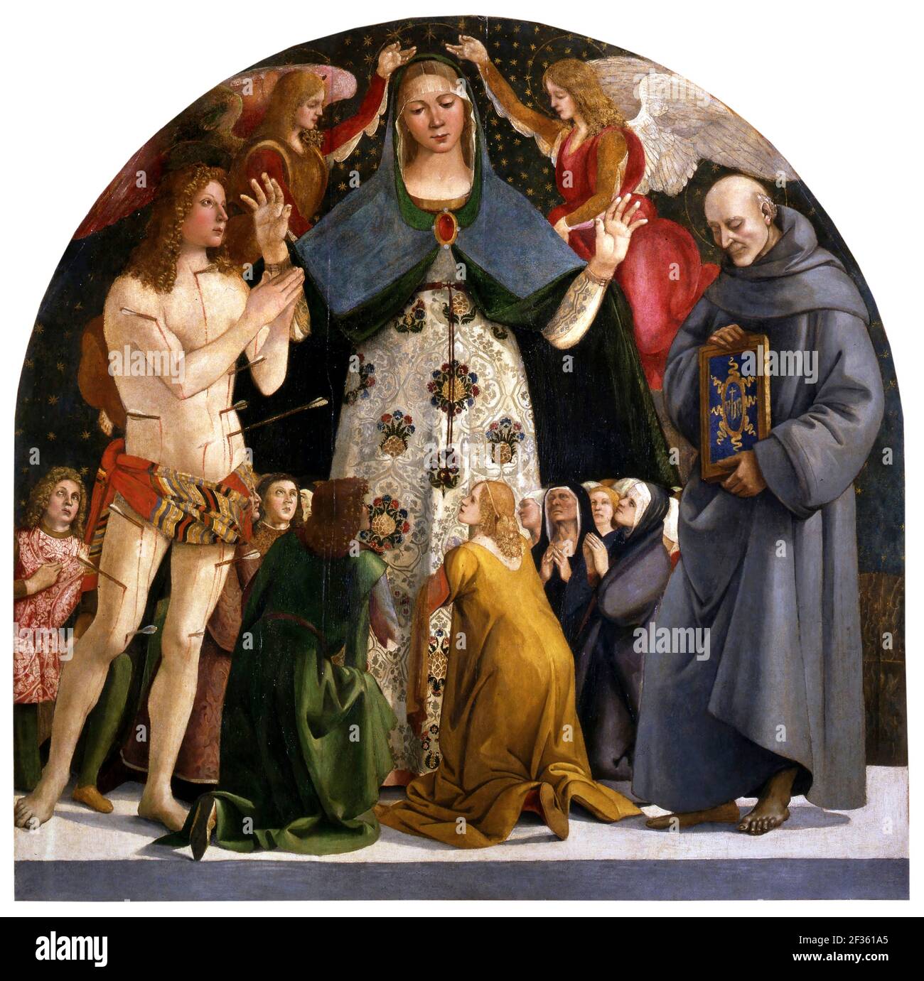 Luca Signorelli. Dipinto dal titolo "Madonna della Misericordia e dei Santi Sebastiano e Bernardino da Siena" del pittore del primo Rinascimento italiano, Luca Signorelli (c.. 1441/1445-1523), tempera su pannello, c. 1490 Foto Stock