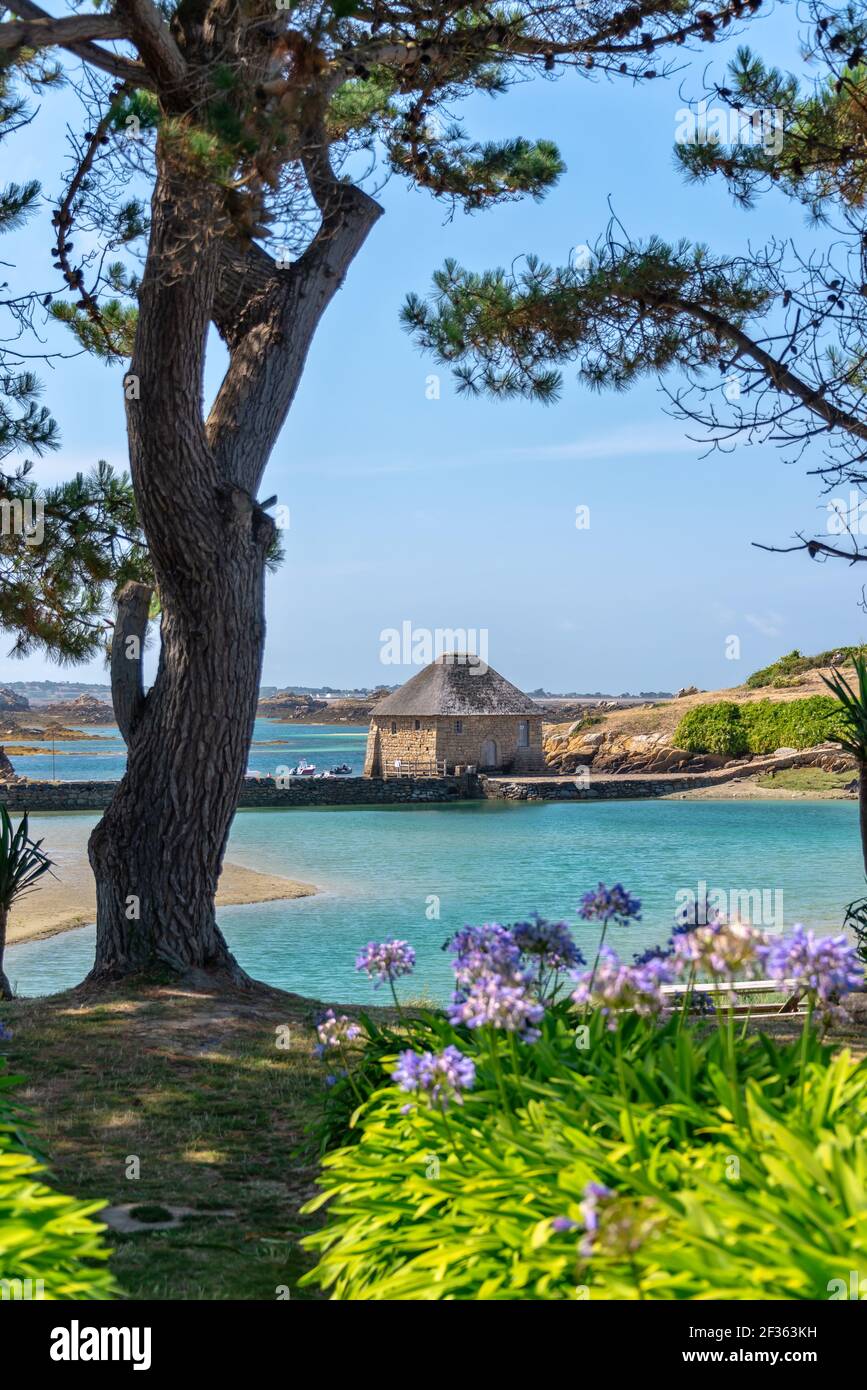 Mulino marea del Birlot sull'isola di Bréhat in Côtes d'Armor, Bretagna, Francia Foto Stock