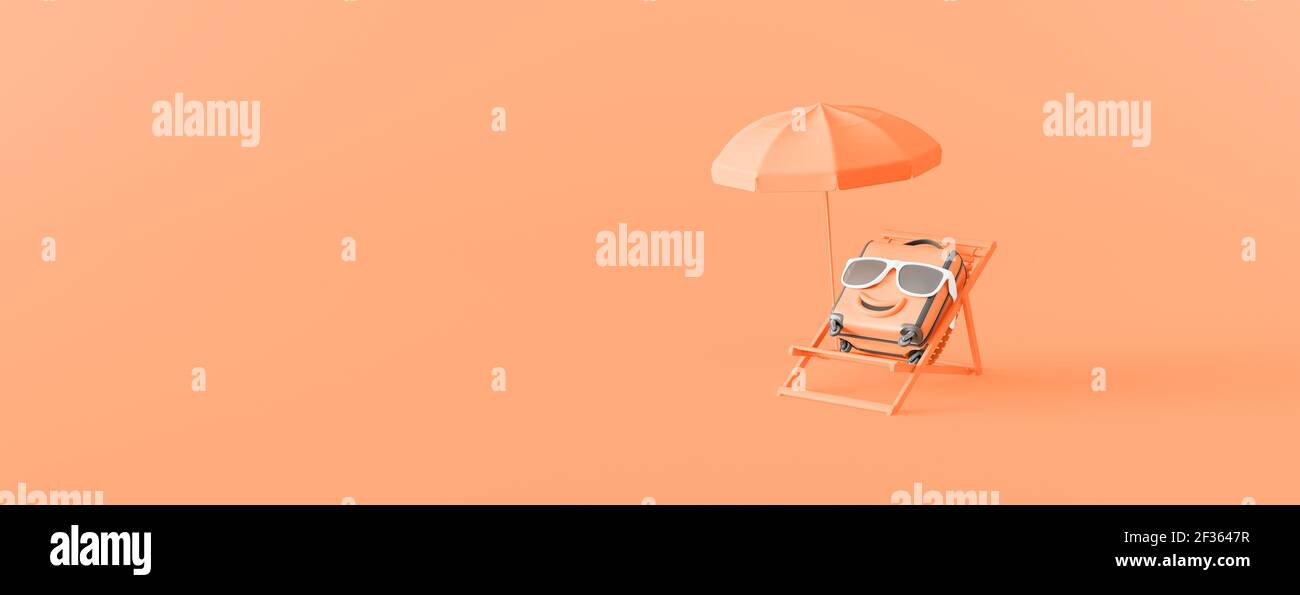 Valigia estiva con occhiali da sole riposano su una sedia da spiaggia. Idea creativa di concetto estivo minimo su sfondo arancione 3D Render illustrazione 3D Foto Stock