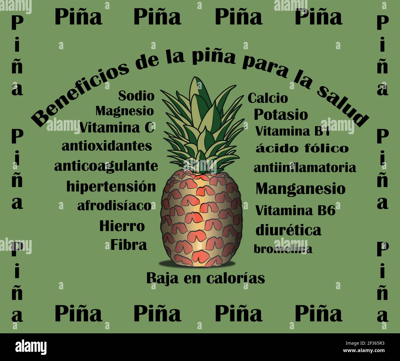 Beneficios de la piña para la salud. Benefici dell'ananas per la salute. Disegno vettoriale Illustrazione Vettoriale
