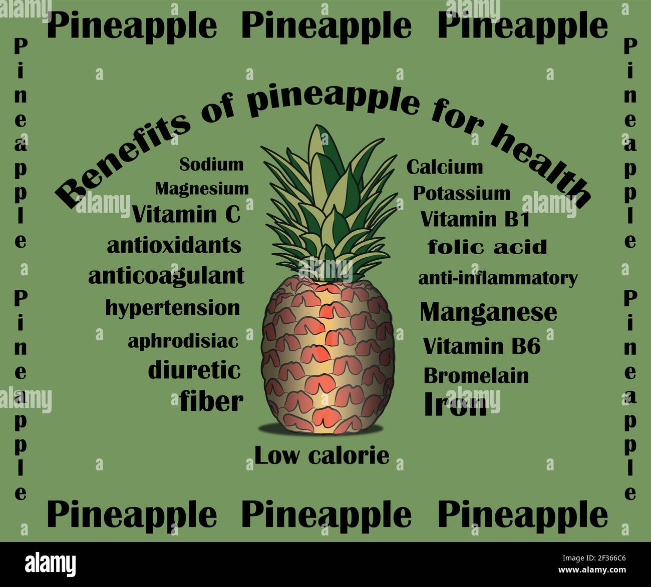Benefici dell'ananas per la salute. Beneficios de la piña para la salud. Disegno vettoriale Illustrazione Vettoriale