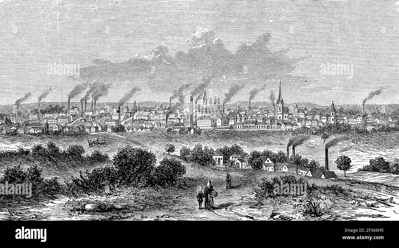 La città di Solingen nel Nord Reno-Westfalia, Germania, nel 1880 / Die Stadt Solingen nel Nordrhein-Westfalen, Germania, im Jahre 1880, Historisch, storico, Riproduzione digitale migliorata di un originale del 19 ° secolo / digitale Reproduktion einer Originalvollage aus dem 19. Jahrhundert, Foto Stock