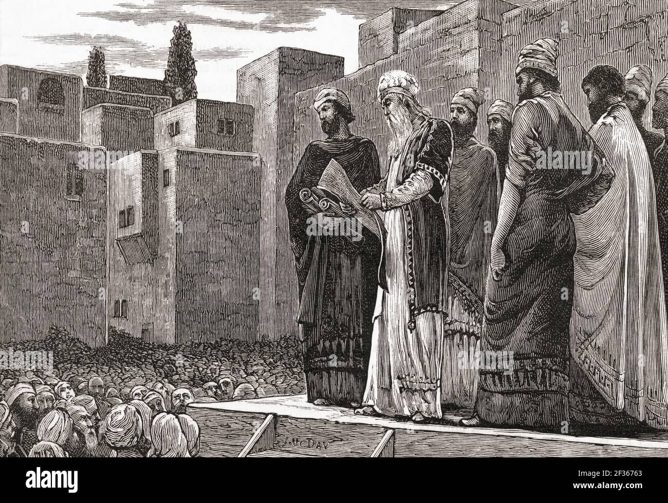 Ezra legge agli ebrei. Ezra, 480–440 a.C., alias Ezra lo Scribe e Ezra il sacerdote. Scriba ebreo e sacerdote. Dalla storia universale di Cassell, pubblicata nel 1888. Foto Stock