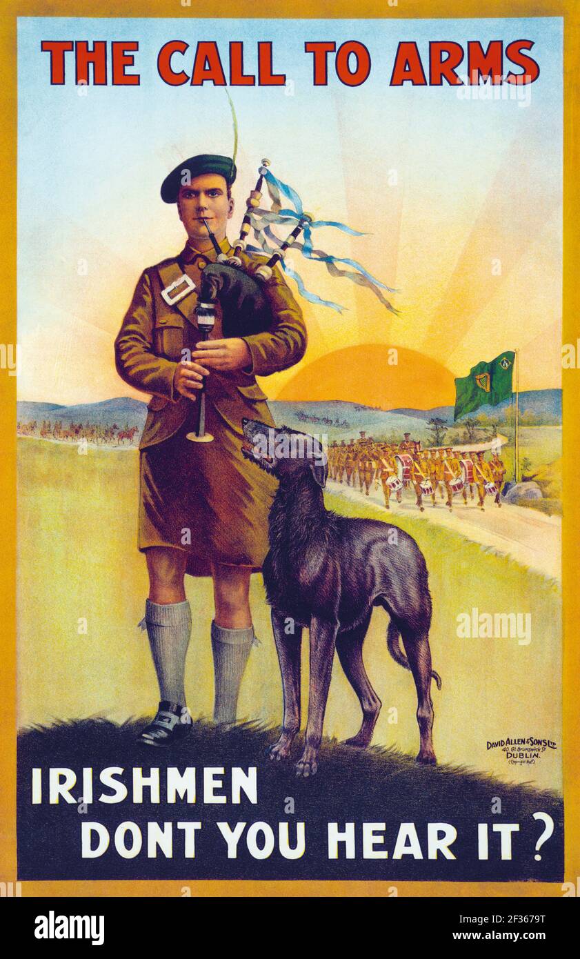 La chiamata alle armi. Irishmen non lo senti. Poster di reclutamento della prima guerra mondiale che chiede ai volontari irlandesi di arruolarsi nelle forze armate. Foto Stock