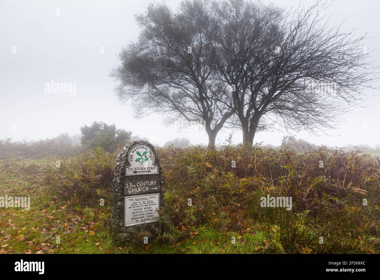 Segnaletica su Exmoor in una giornata misteriosa in autunno vicino a Cloutsham, Somerset, Regno Unito Foto Stock