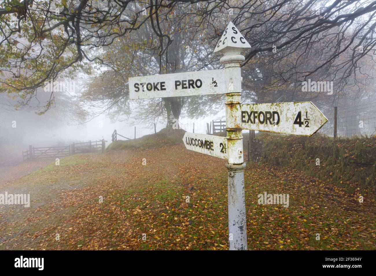 Un cartello stradale Exmoor in un giorno di nebbiosa in autunno vicino a Cloutsham, Somerset, Regno Unito Foto Stock