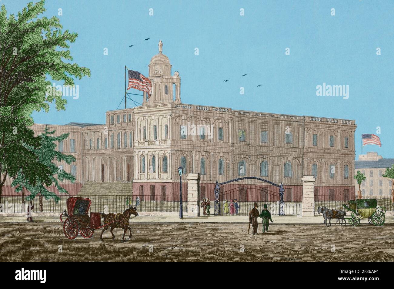 New York. Municipio. Incisione di Arnout. Panorama universale. Storia degli Stati Uniti d'America, dalla prima edizione di Jean B.G. Etats-Unis d'Amérique di Roux de Rochelle nel 1837. Edizione spagnola, stampata a Barcellona, 1850. Colorazione successiva. Foto Stock