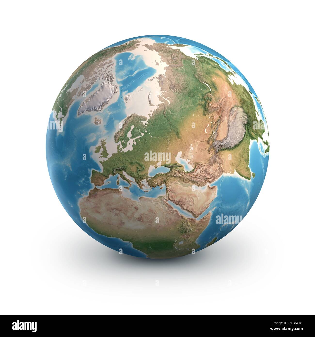 Pianeta Terra globo, isolato su bianco. Geografia del mondo dallo spazio, focalizzata su Europa e Asia - elementi di questa immagine fornita dalla NASA Foto Stock