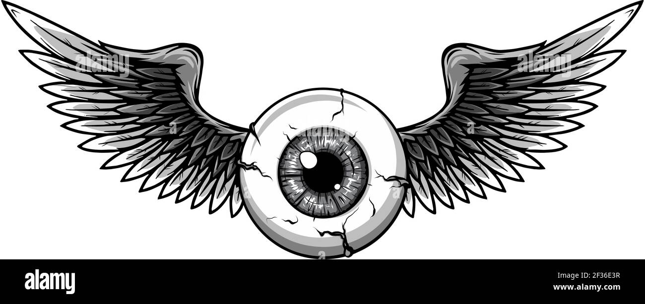 Illustrazione vettoriale monocromatica del design del Tattoo Flying Eyeball Illustrazione Vettoriale