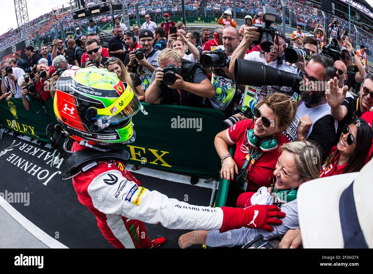 SCHUMACHER Mick, Prema Racing, ritratto, festeggia la sua vittoria durante il campionato FIA Formula 2 2019 dal 1 al 4 agosto, Hungaroring, Budapest in Ungheria - Foto Sebastiaan Rozendaal / DPPI Foto Stock