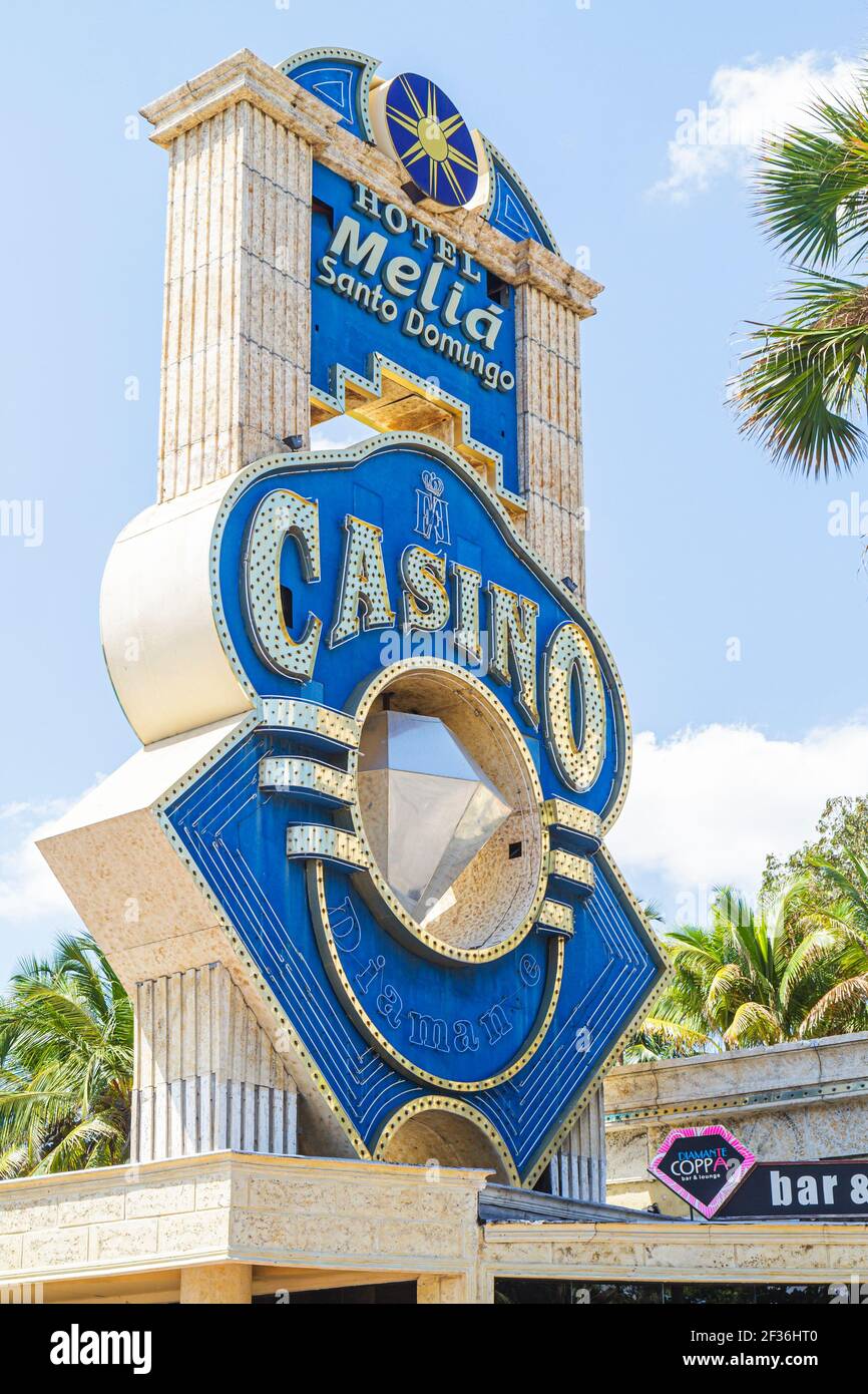 Santo Domingo Repubblica Dominicana, Malecon Hotel Melia catena alberghiera spagnola, cartello d'ingresso marquee casinò gioco d'azzardo, Foto Stock