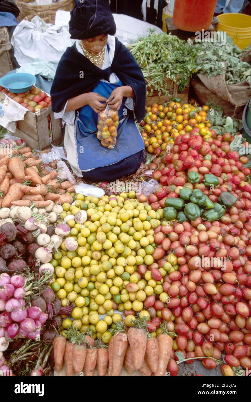 Ecuador Equadoriano Sudamerica America americana Otavalo Saquisili mercato, Cotopaxi Chibuleos donna indigena venditore femminile che vende prodotti di frutta, Foto Stock