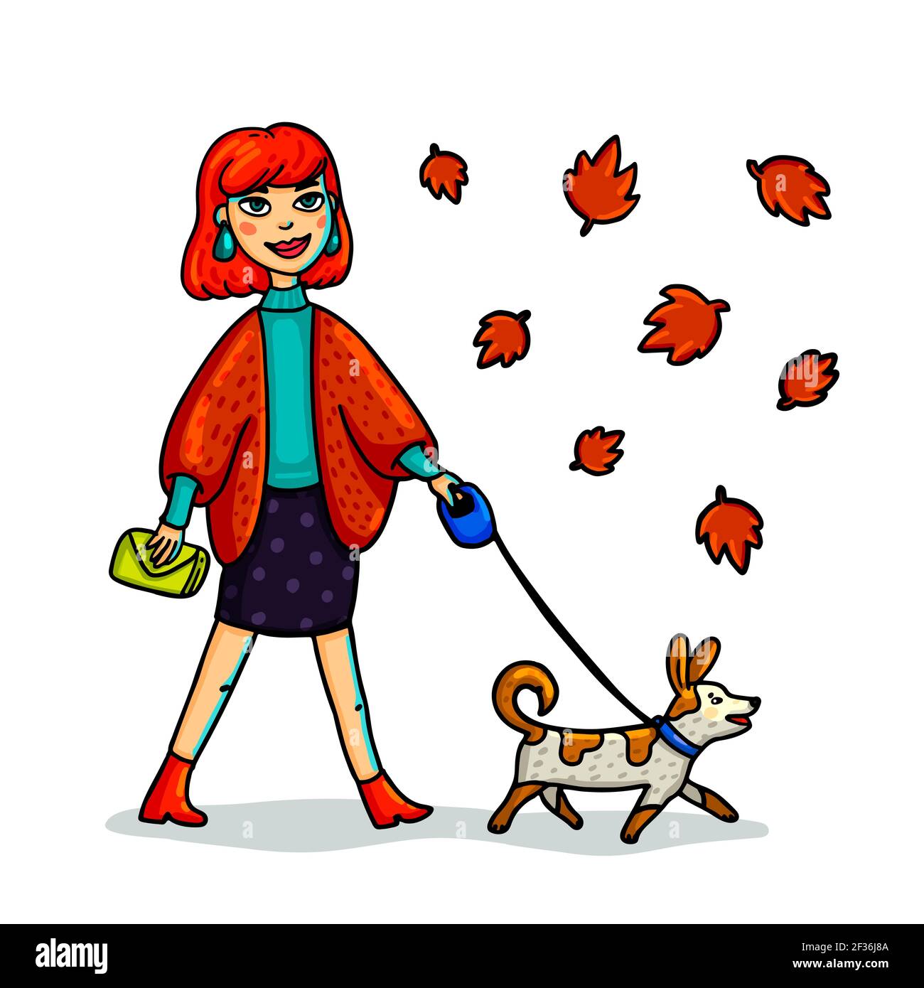 Giovane donna elegante che cammina con il cane. La ragazza stile cartone animato cammina con il piccolo cane in autunno. Illustrazione vettoriale Illustrazione Vettoriale