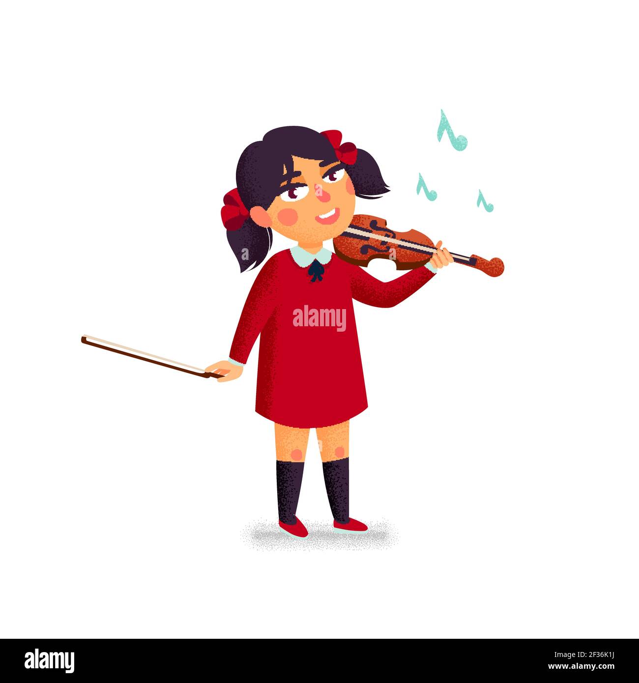 Scuola di musica. Violinista. Personaggio ragazzo che suona violino. Bambini con strumenti musicali. Immagine vettoriale a fumetto piatto con grana su bianco Illustrazione Vettoriale