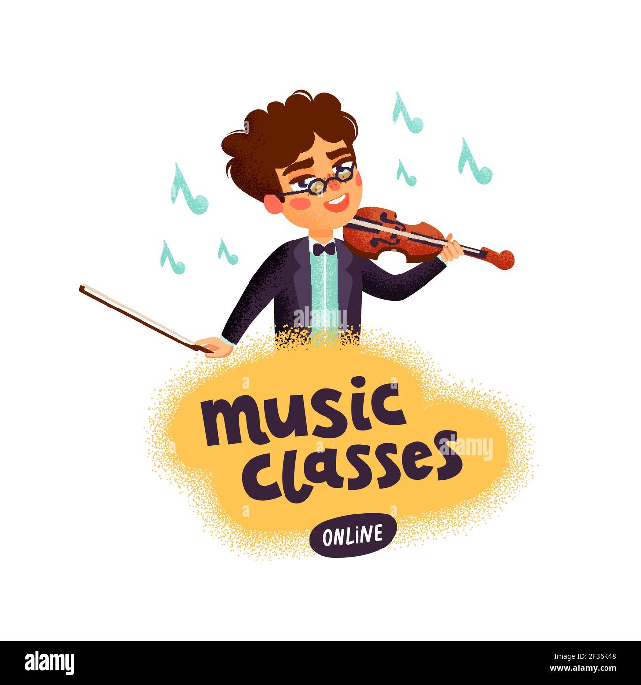Concetto di classi musicali. Violinista. Personaggio ragazzo che suona violino. Bambini con strumenti musicali. Immagine vettoriale a fumetto piatto con una grana Illustrazione Vettoriale