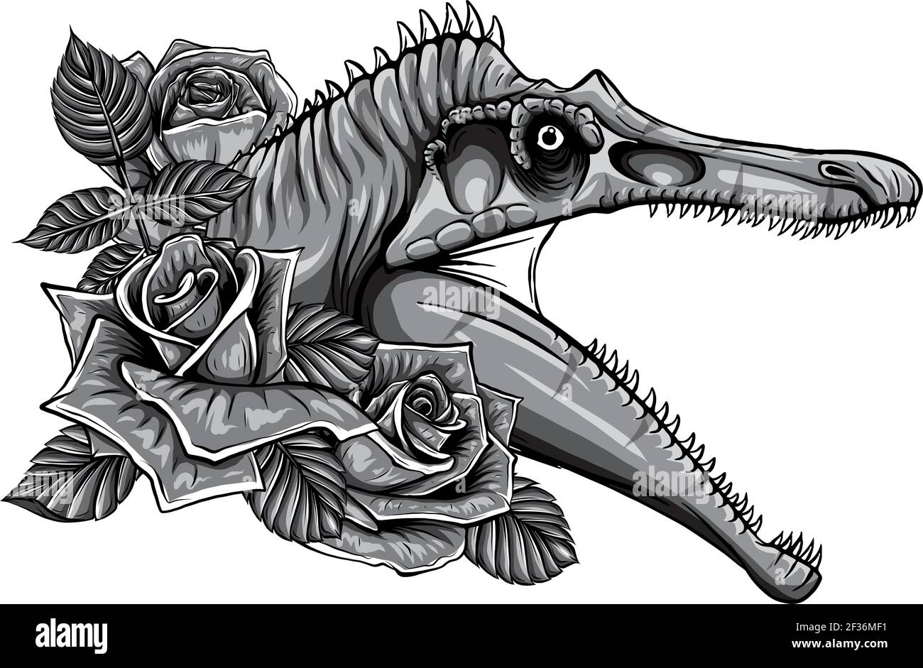 dinosauro monocromatico e cornice di rose. disegno vettoriale. Disegno di arte concettuale. Illustrazione Vettoriale