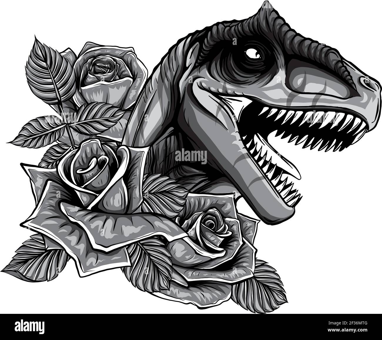 dinosauro monocromatico e cornice di rose. disegno vettoriale. Disegno di arte concettuale. Illustrazione Vettoriale