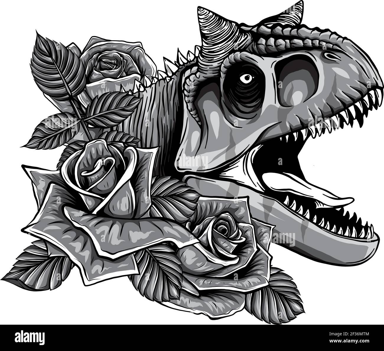 dinosauro monocromatico e cornice di rose. disegno vettoriale. Disegno di arte concettuale. Illustrazione Vettoriale