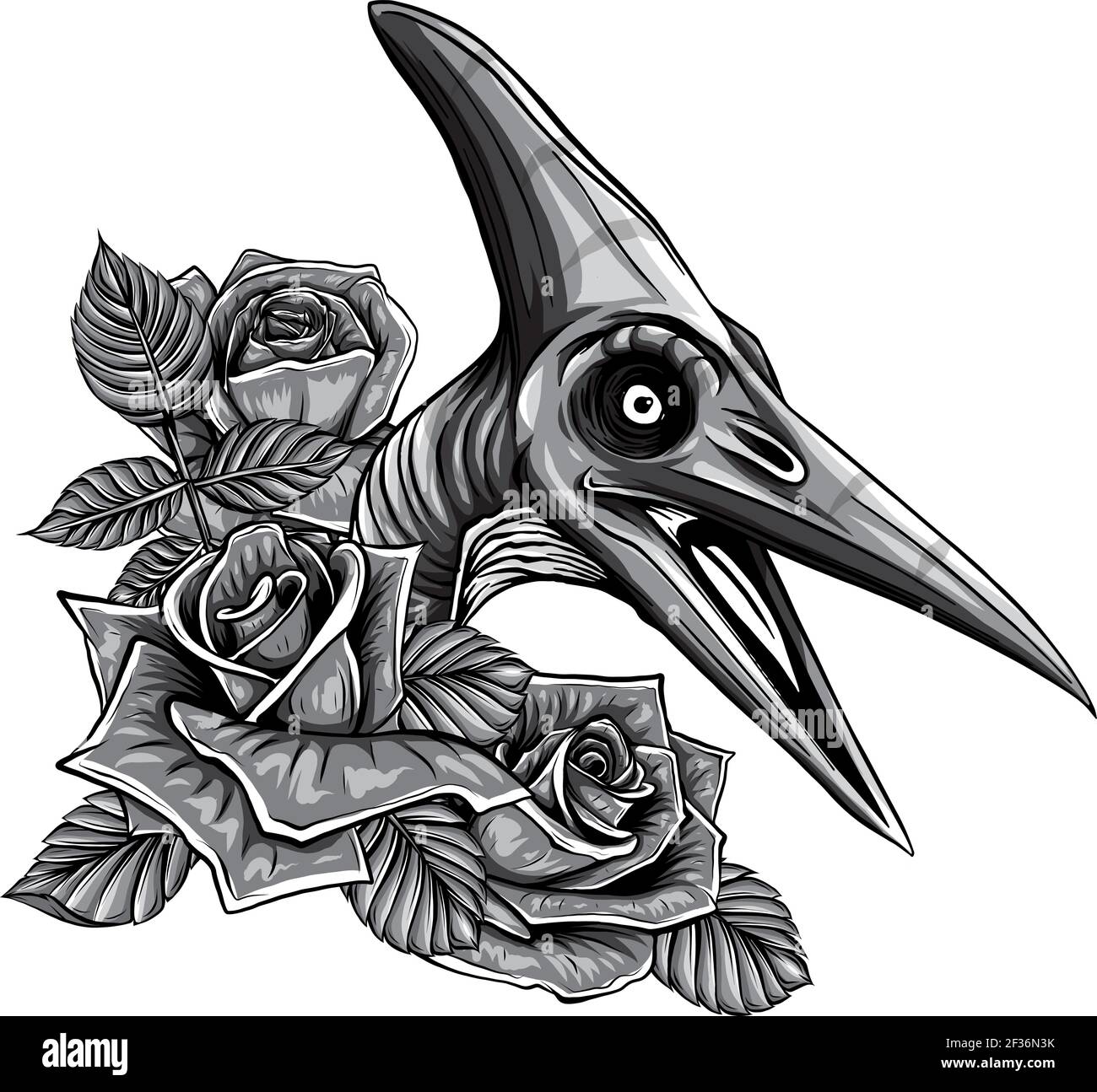 dinosauro monocromatico e cornice di rose. disegno vettoriale. Disegno di arte concettuale. Illustrazione Vettoriale