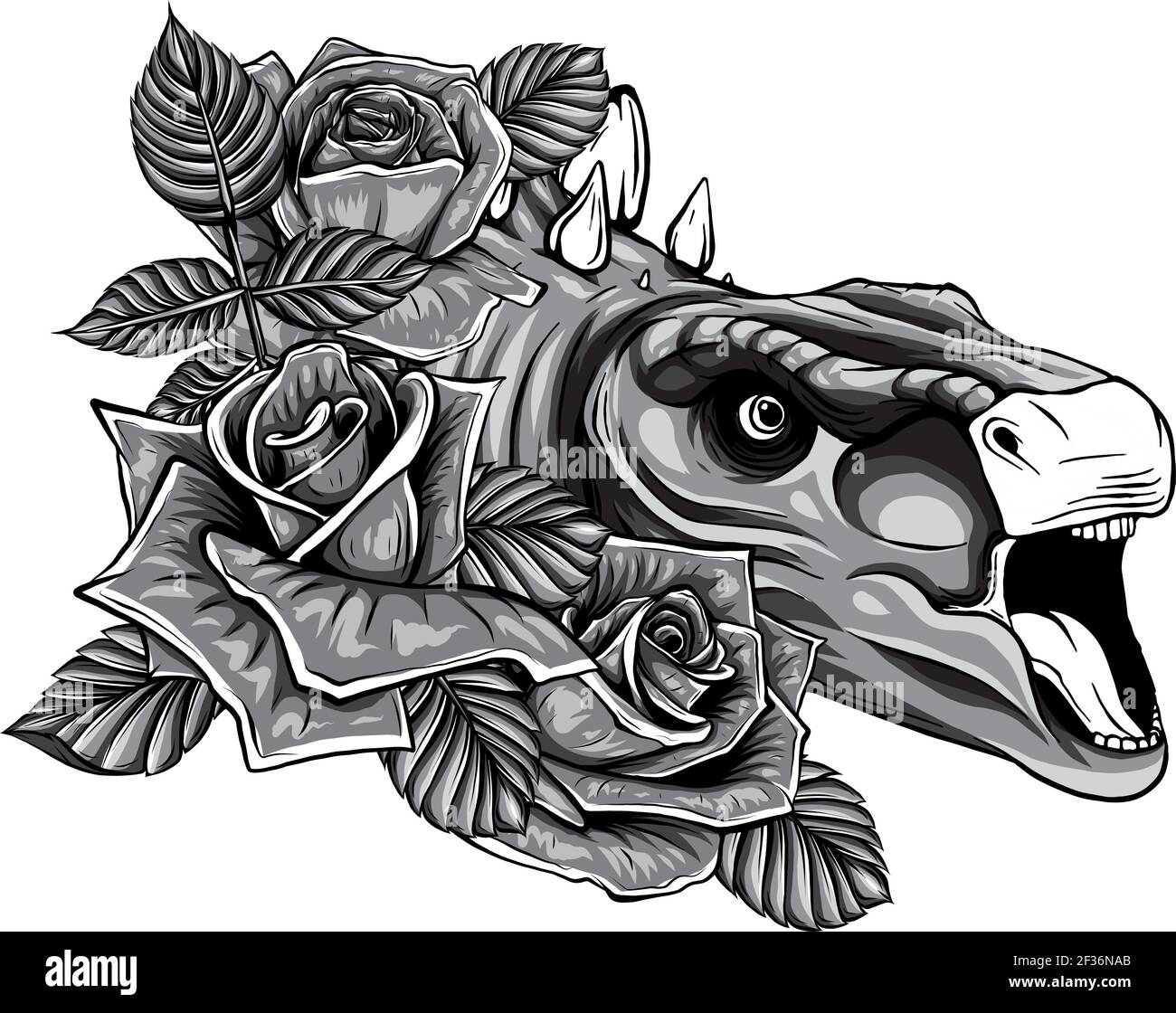 dinosauro monocromatico e cornice di rose. disegno vettoriale. Disegno di arte concettuale. Illustrazione Vettoriale