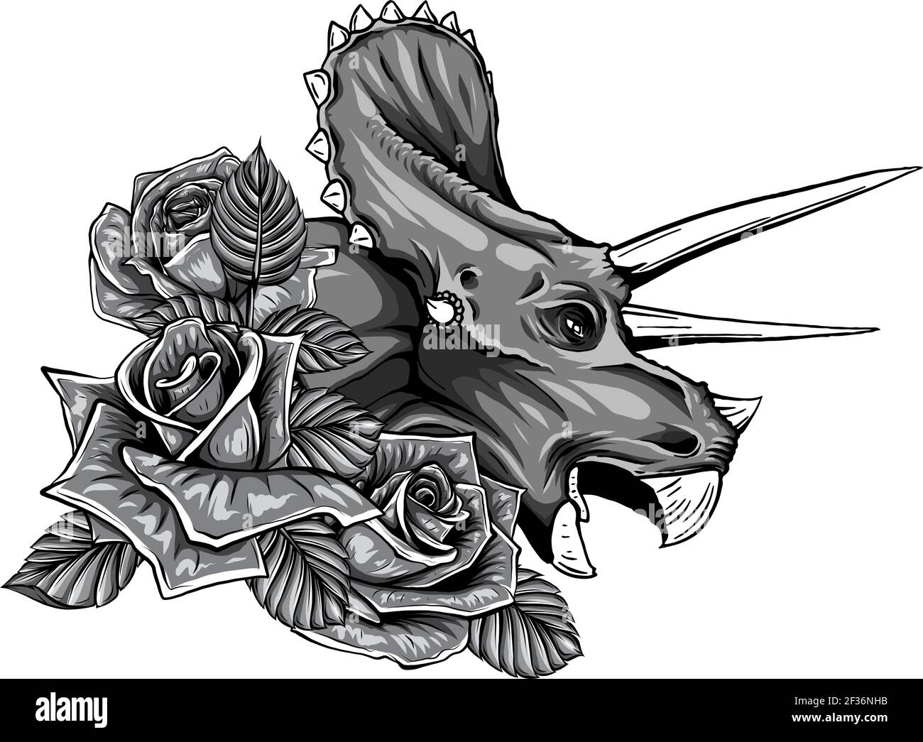 dinosauro monocromatico e cornice di rose. disegno vettoriale. Disegno di arte concettuale. Illustrazione Vettoriale