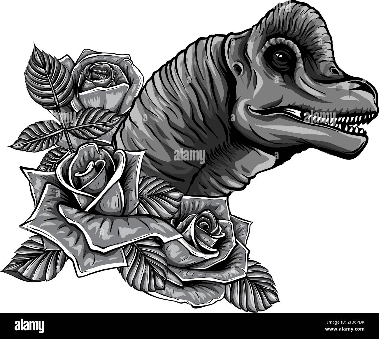dinosauro monocromatico e cornice di rose. disegno vettoriale. Disegno di arte concettuale. Illustrazione Vettoriale