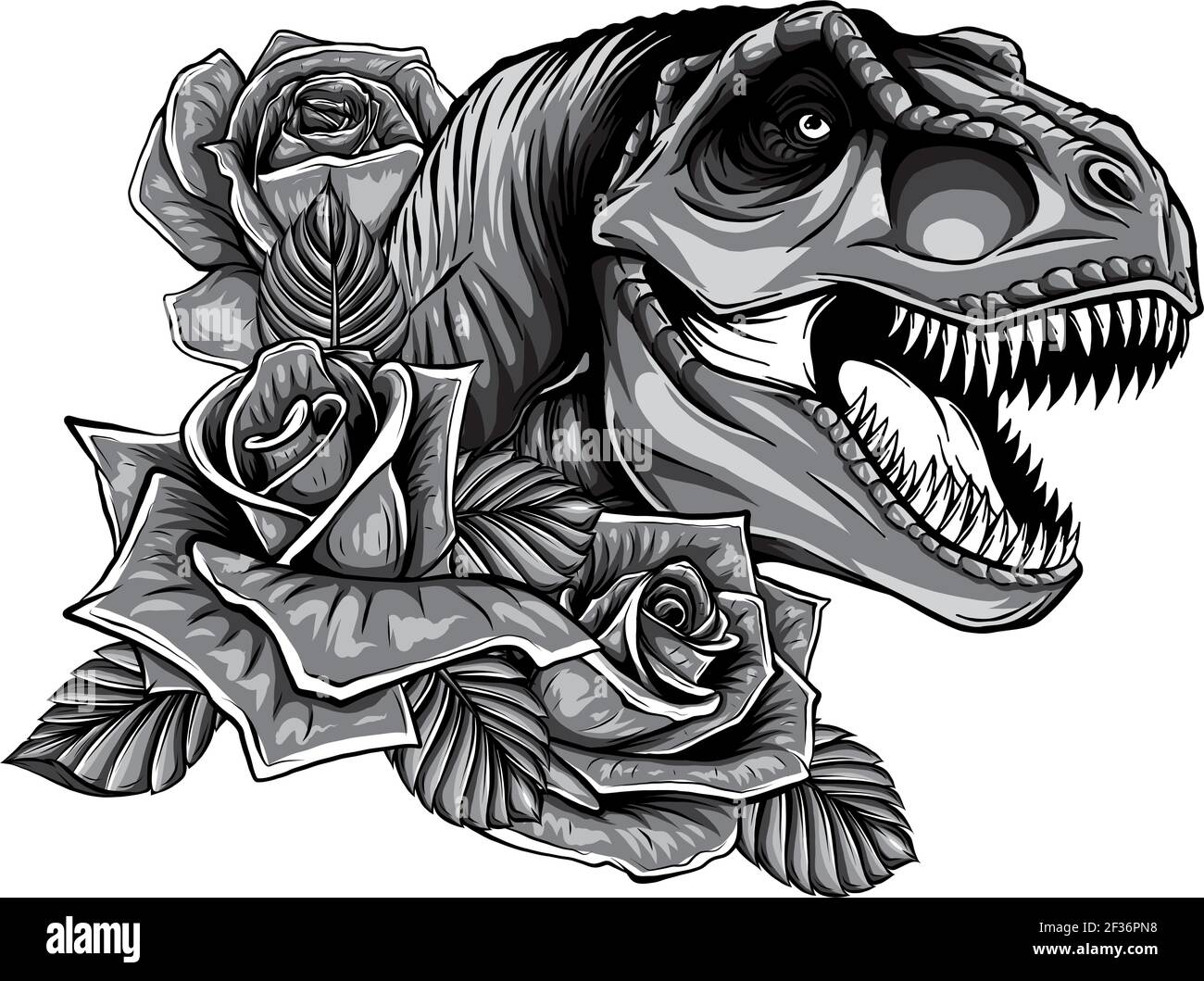 dinosauro monocromatico e cornice di rose. disegno vettoriale. Disegno di arte concettuale. Illustrazione Vettoriale