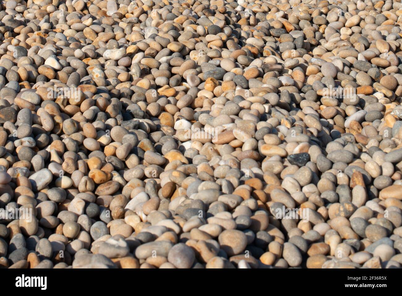 un sacco di ciottoli su una spiaggia, grigi, bruni e bianchi, al sole Foto Stock