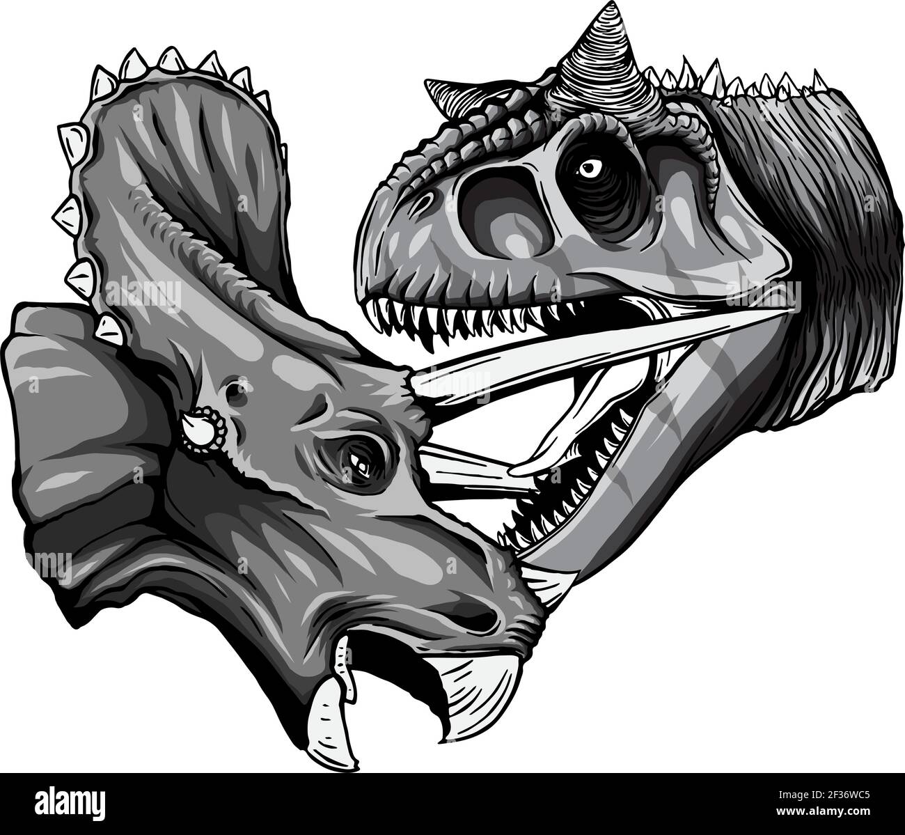Il tracciamento vettoriale monocromatico del dinosauro Tyrannosaurus sta combattendo Triceratops stile acquerello Illustrazione Vettoriale