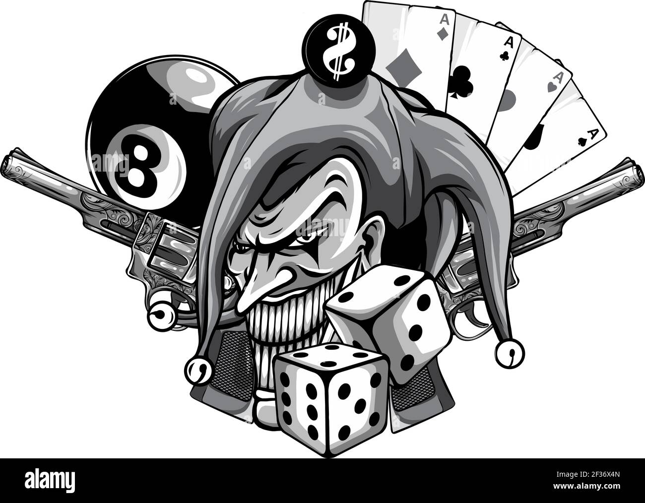 Vector monocromatico immagine disegnata a mano di arrabbiato clown con pistole isolate. Illustrazione Vettoriale