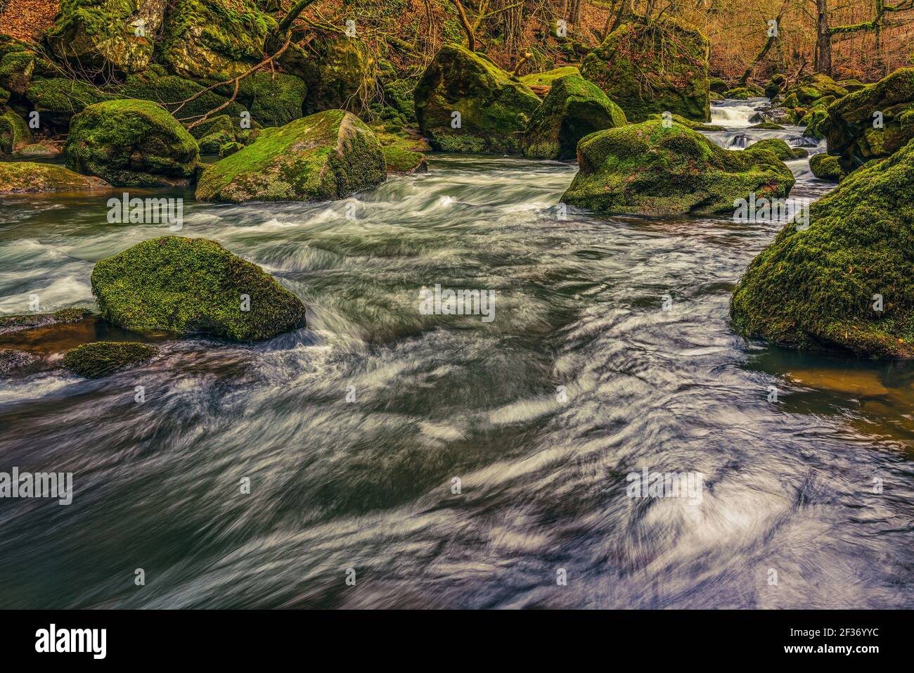 Le rapide nella parte inferiore del Prüm vicino Irrel in Eifel, Germania. Le cascate Irrel del Prüm. Foto Stock