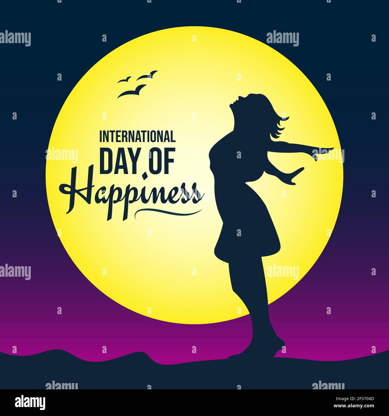 Giornata Internazionale della felicità, 20 marzo, ragazza felice, donne che saltano in uno scenario di silhouette di gioia, illustrazione vettoriale Illustrazione Vettoriale