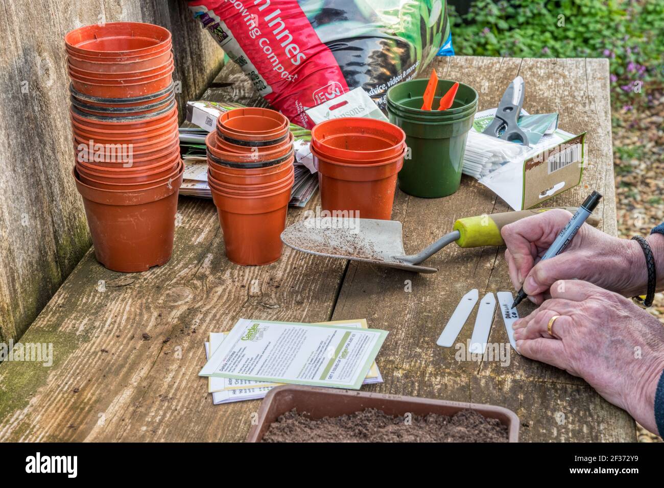 Donna che scrive le etichette per i vassoi di semi. Foto Stock
