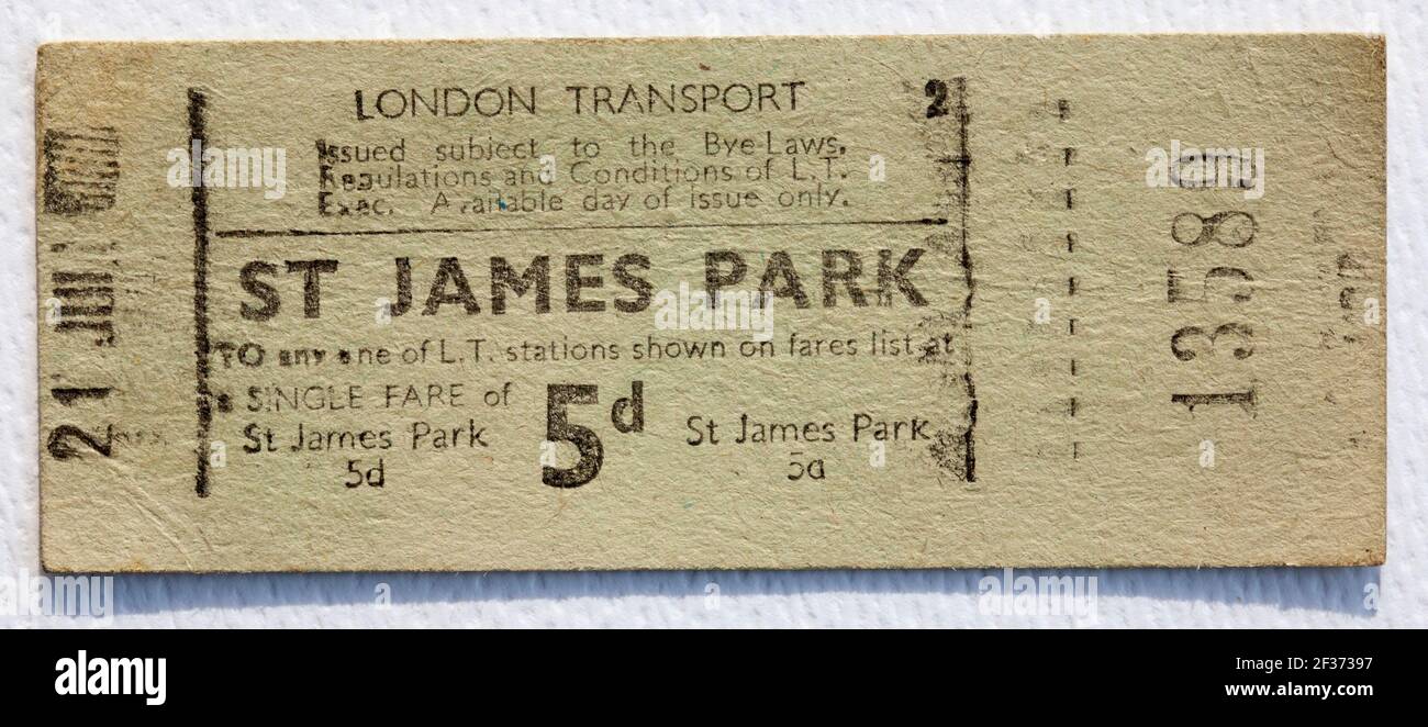Biglietto del treno metropolitano o della metropolitana degli anni '50 da St Stazione di James Park Foto Stock